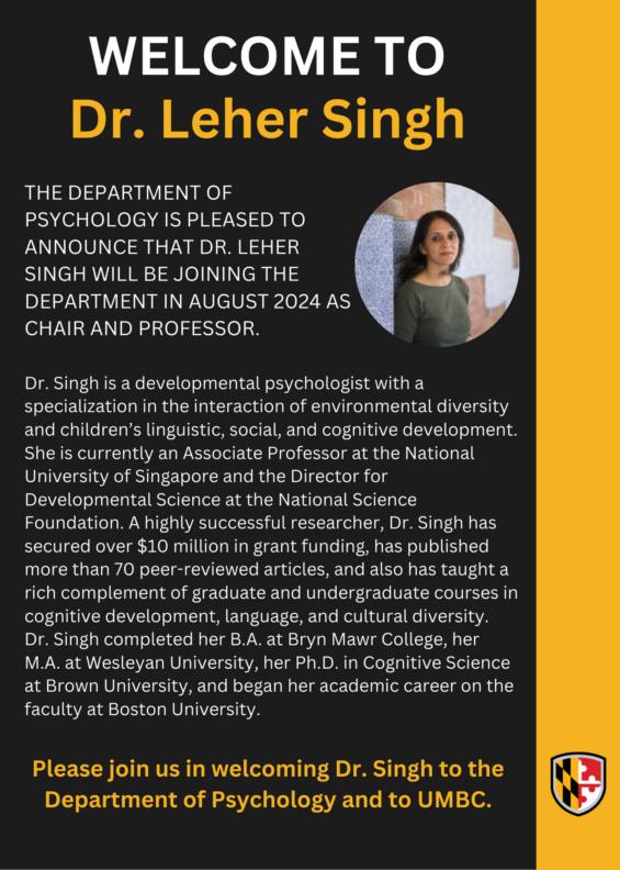 The Department of Psychology Announces New Chair, Dr. Leher Singh