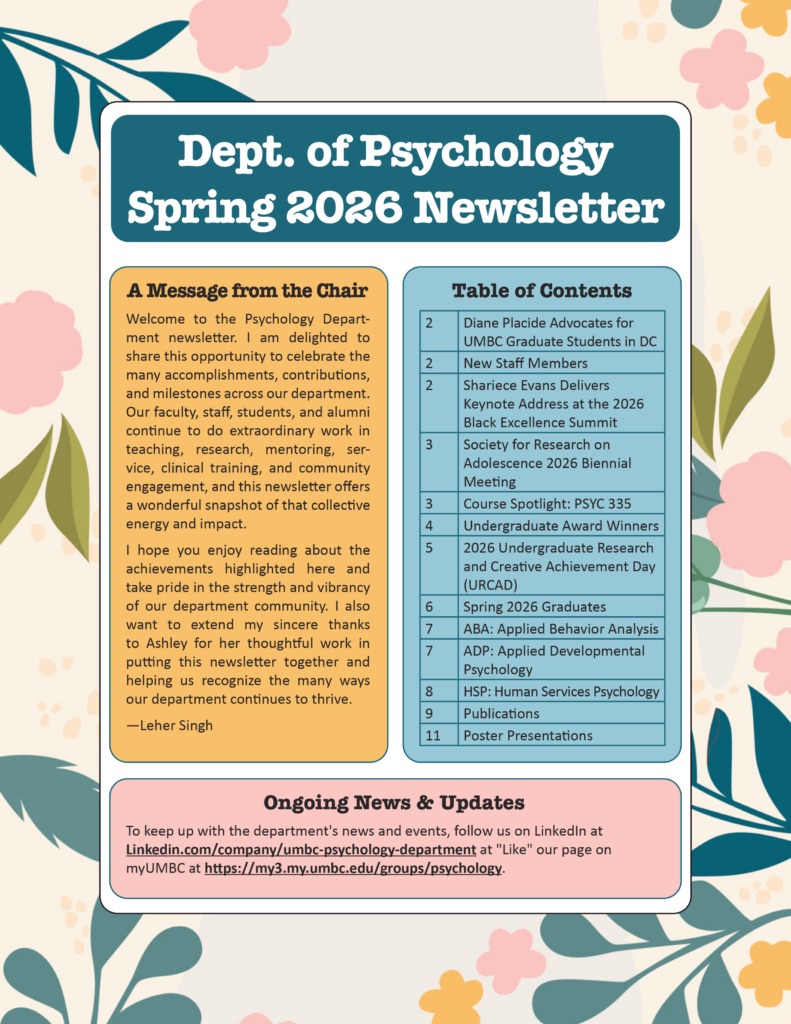 Front page of the Spring 2026 Psychology newsletter. Contains floral/plant themed background with green, teal, yellow, and pink.